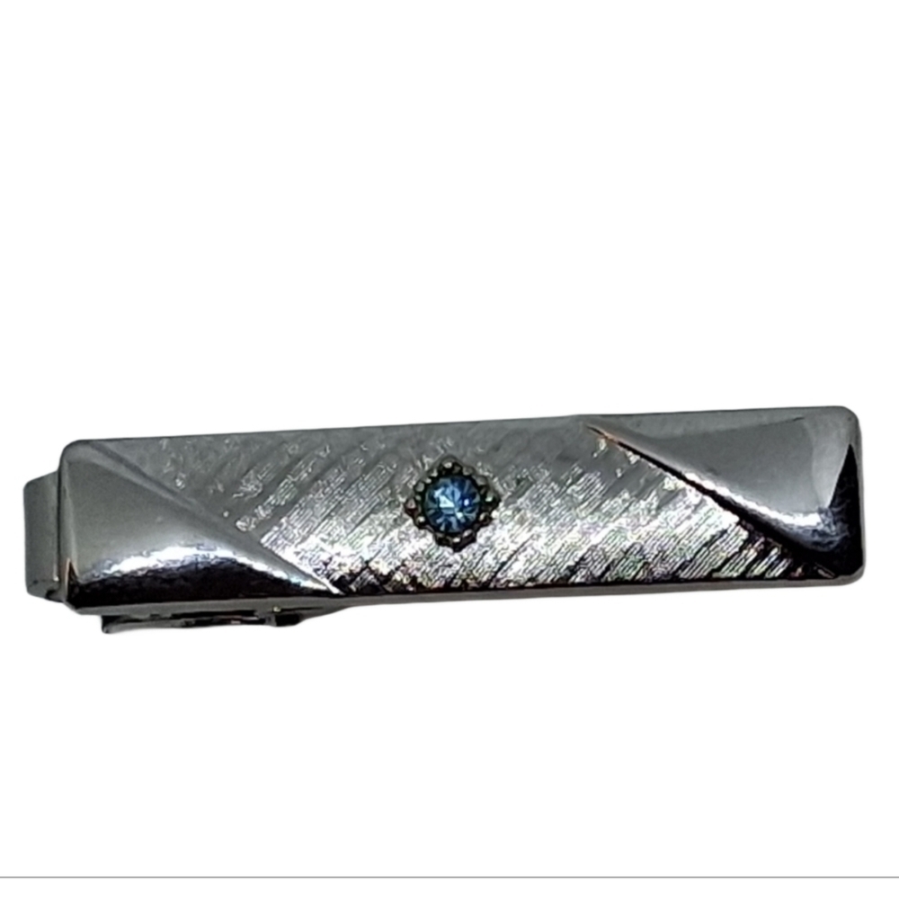 Vintage Sarah Coventry Silver Tone Tie Clip Blue Rhinestone Mid Century Modern